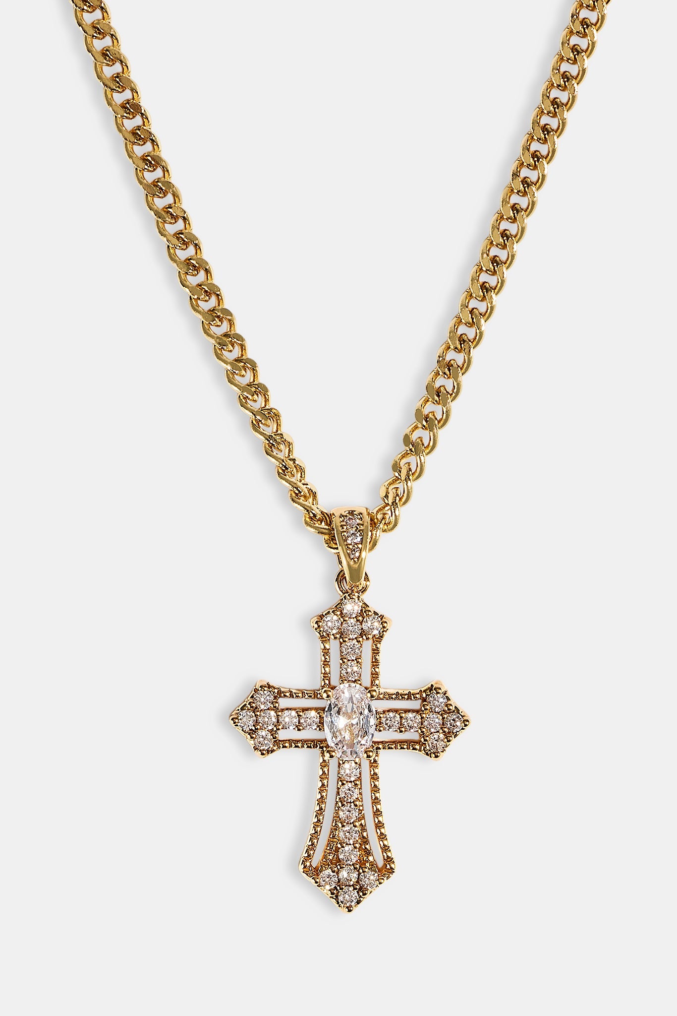 Mens Iced Oval Centre Cross Necklace - 25mm - Gold